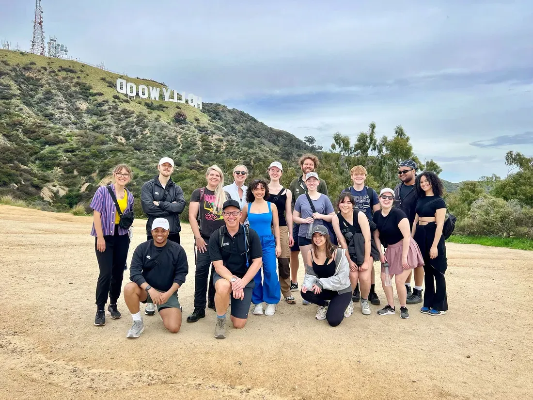 Professor Tim Hooten and students hiking near the Hollywood sign is Los Angeles, California.